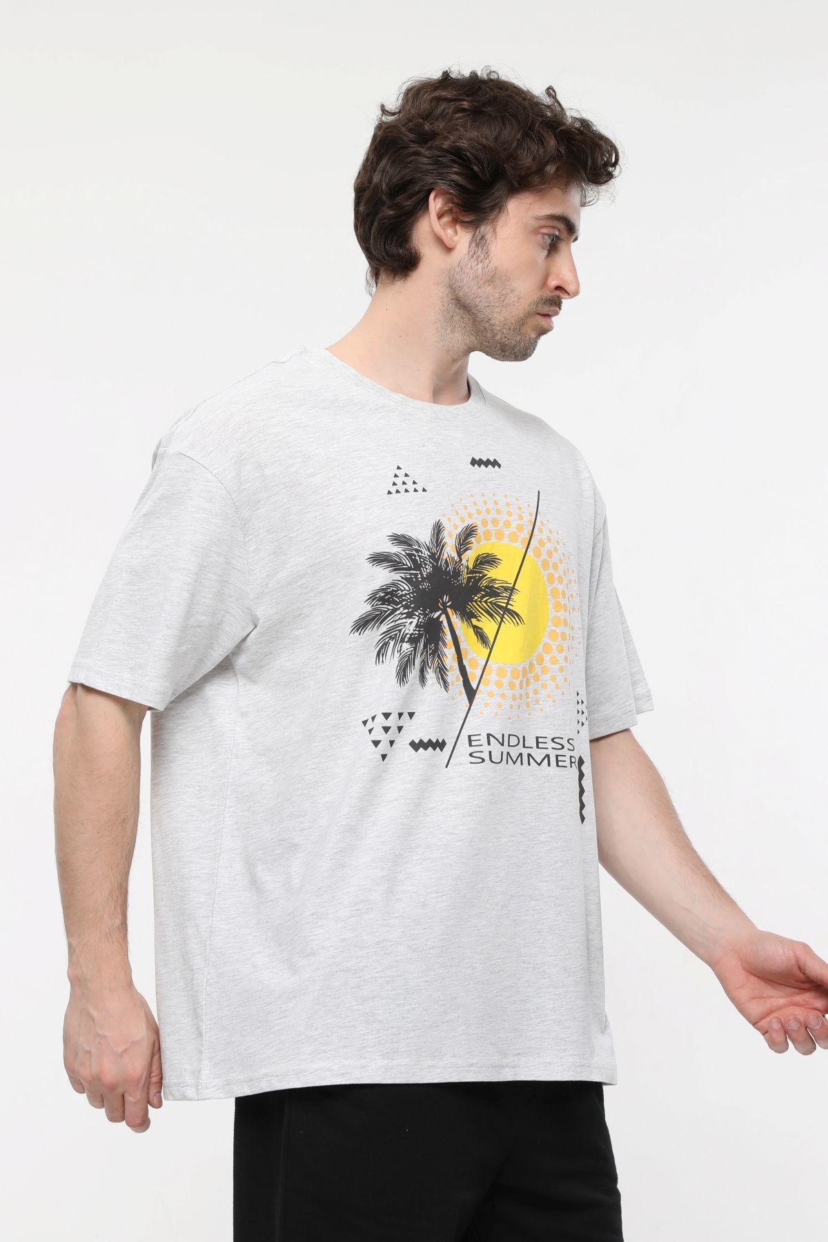 Erkek Bisiklet Yaka Kısa Kollu Oversize Fit Baskılı Tişört - Rio - Kar Melanj