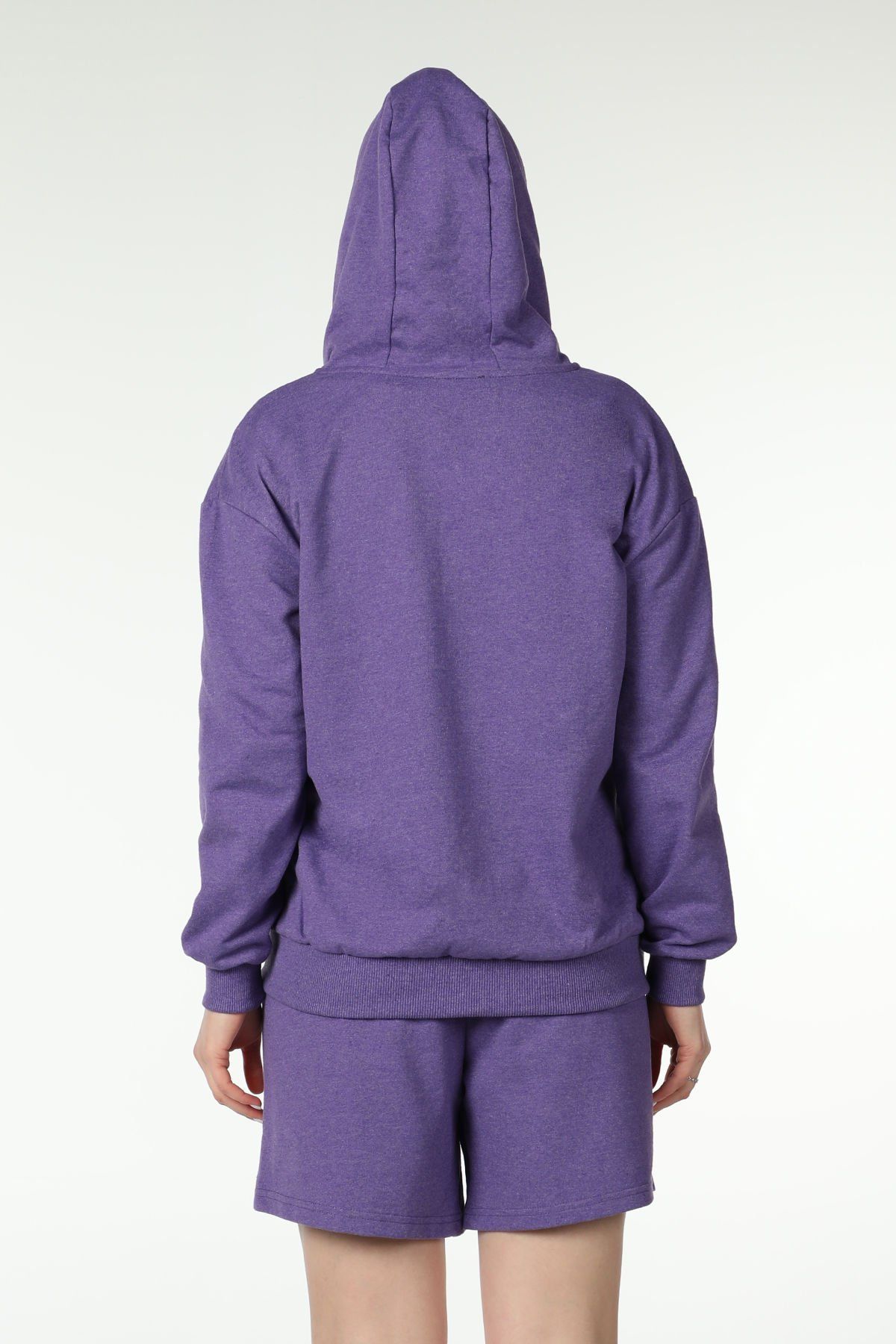 Kadın Kapüşonlu Fermuarlı Oversıze Sweatshırt - Mor