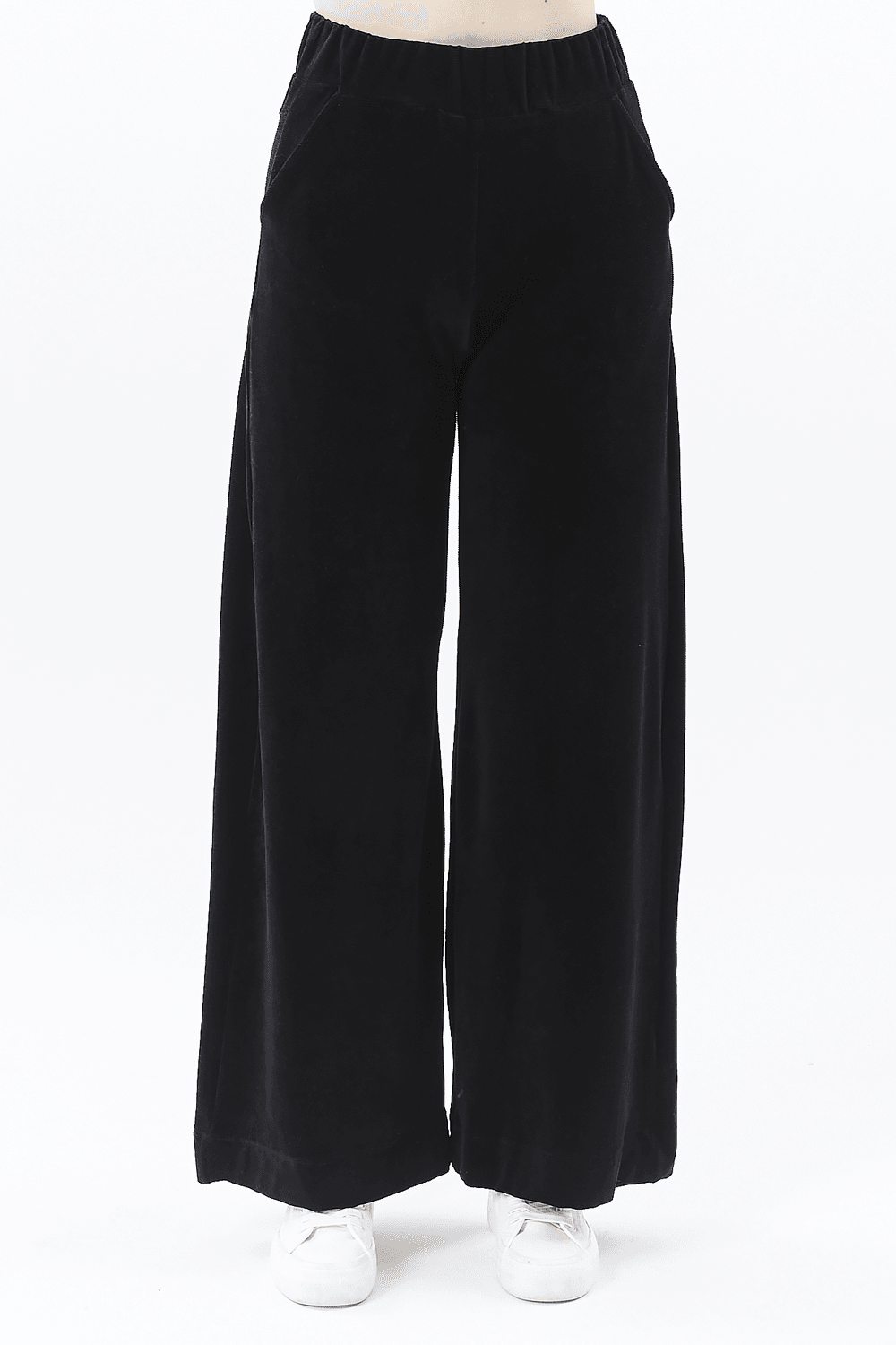 Kadın Bol Paça Cepli Kadife Oversize Fit Pantolon - SİYAH