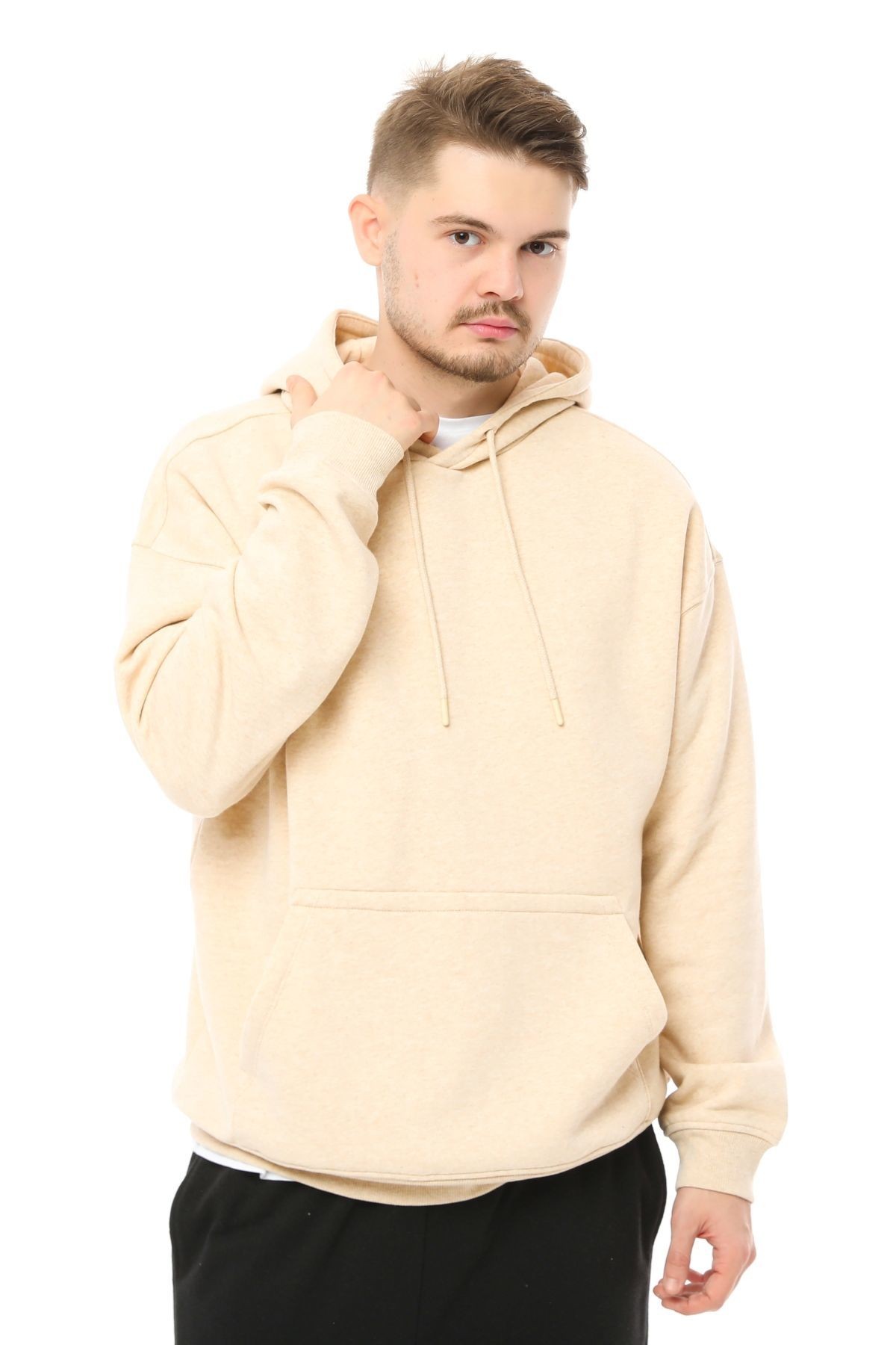 Erkek Kapüşonlu Şardonlu Oversize Basic Sweatshirt - BEJ MELANJ