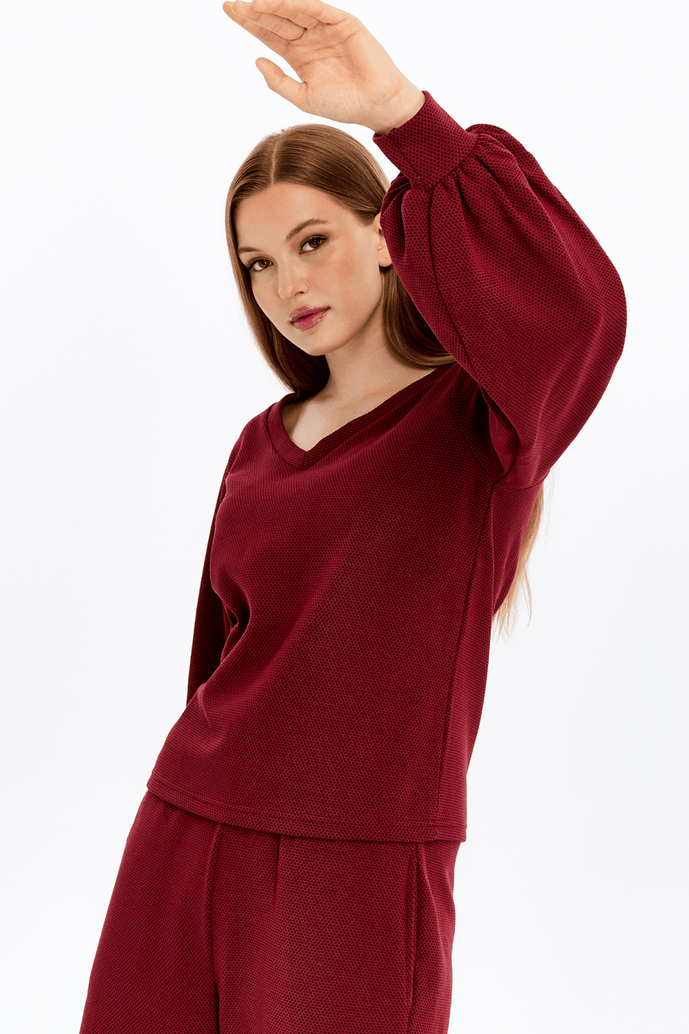 Kadın V Yaka Balon Kol Regular Fit Basic Bluz - BORDO