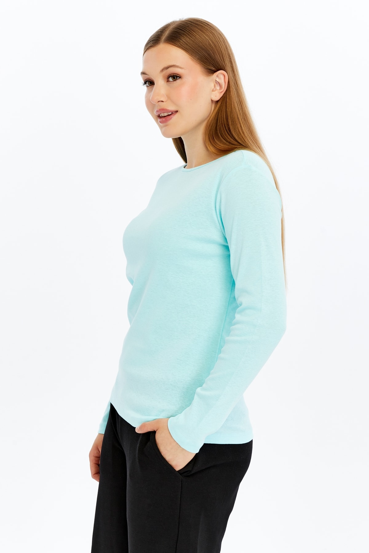 Kadın Bisiklet Yaka Uzun Kollu Regular Fit Basic Tişört - Turkuaz