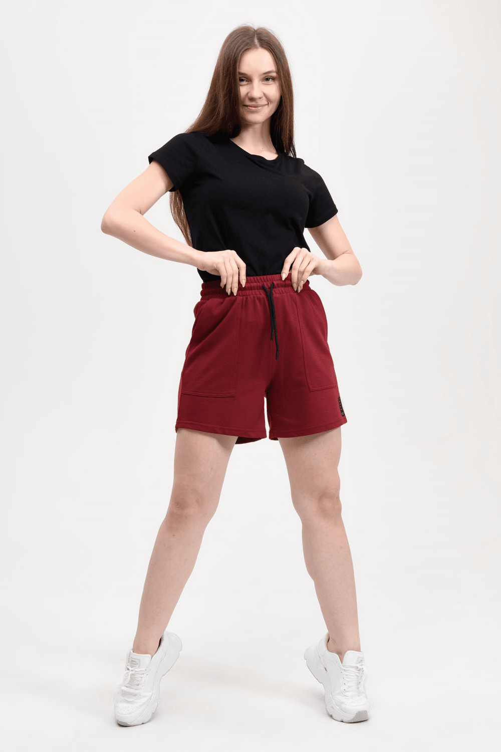 Kadın Beli Lastikli Cepli Etiket Detaylı Regular Fit Şort - BORDO