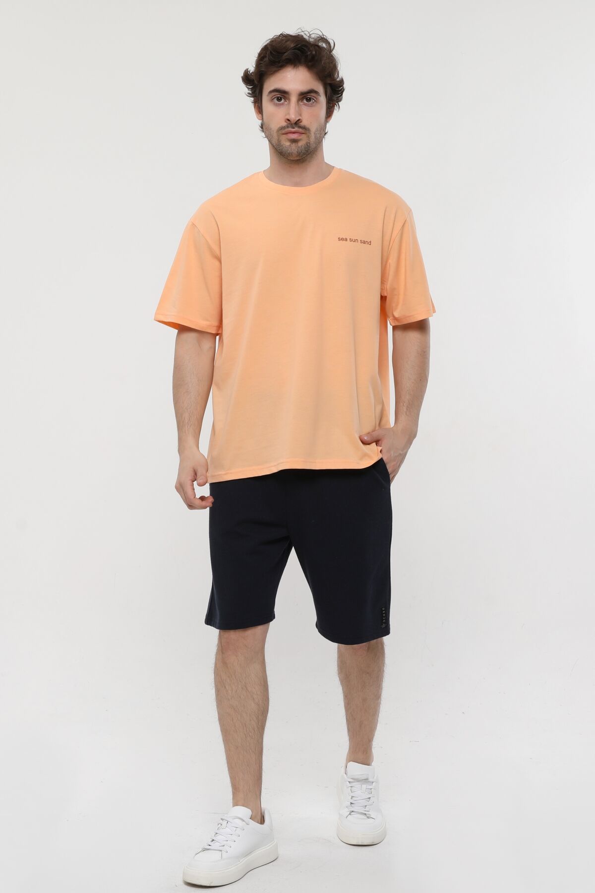 Erkek Bisiklet Yaka Kısa Kollu Oversize Fit Baskılı Tişört - Robin - Somon