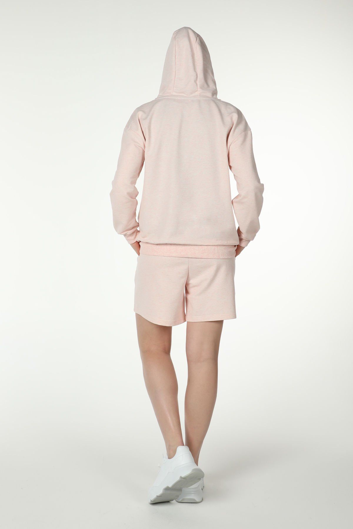 Kadın Kapüşonlu Fermuarlı Oversıze Sweatshırt - Pembe Melanj