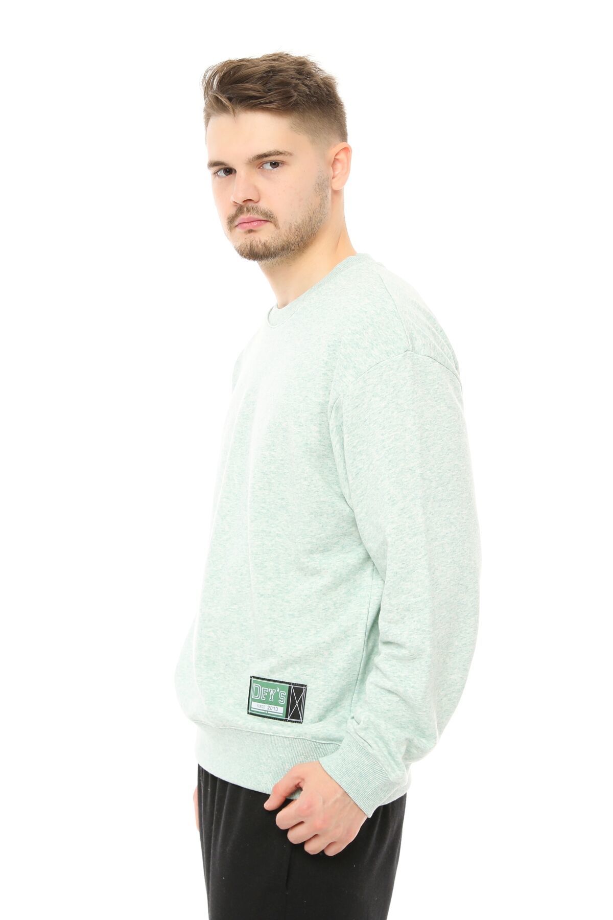Erkek Bisiklet Yaka Etiket Detaylı Regular Fit Sweatshirt - Yeşil Melanj