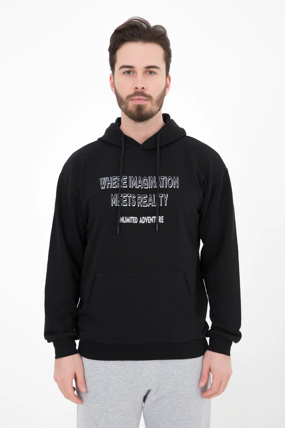 Erkek Kapüşonlu Regular Fit Baskılı Sweatshirt - Siyah