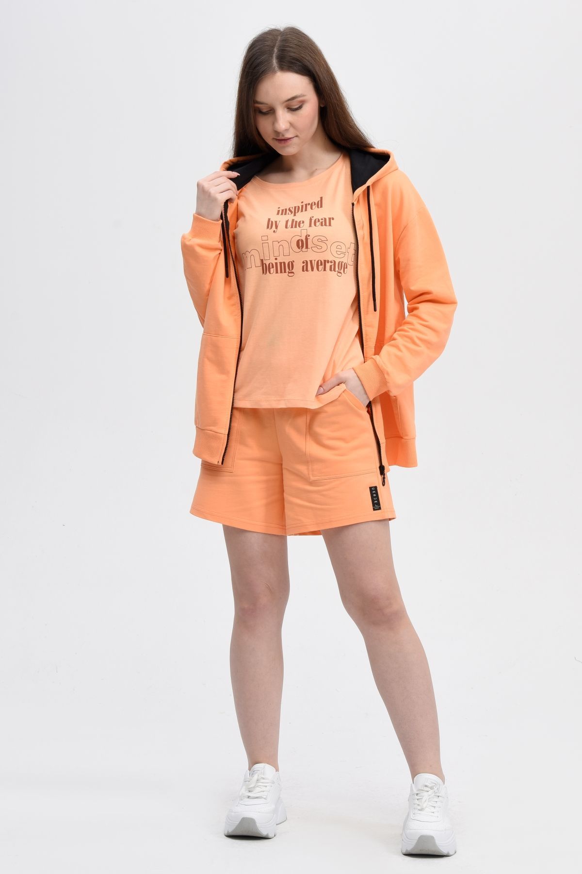 Kadın Kapüşonlu Fermuarlı Oversıze Sweatshırt - Oranj