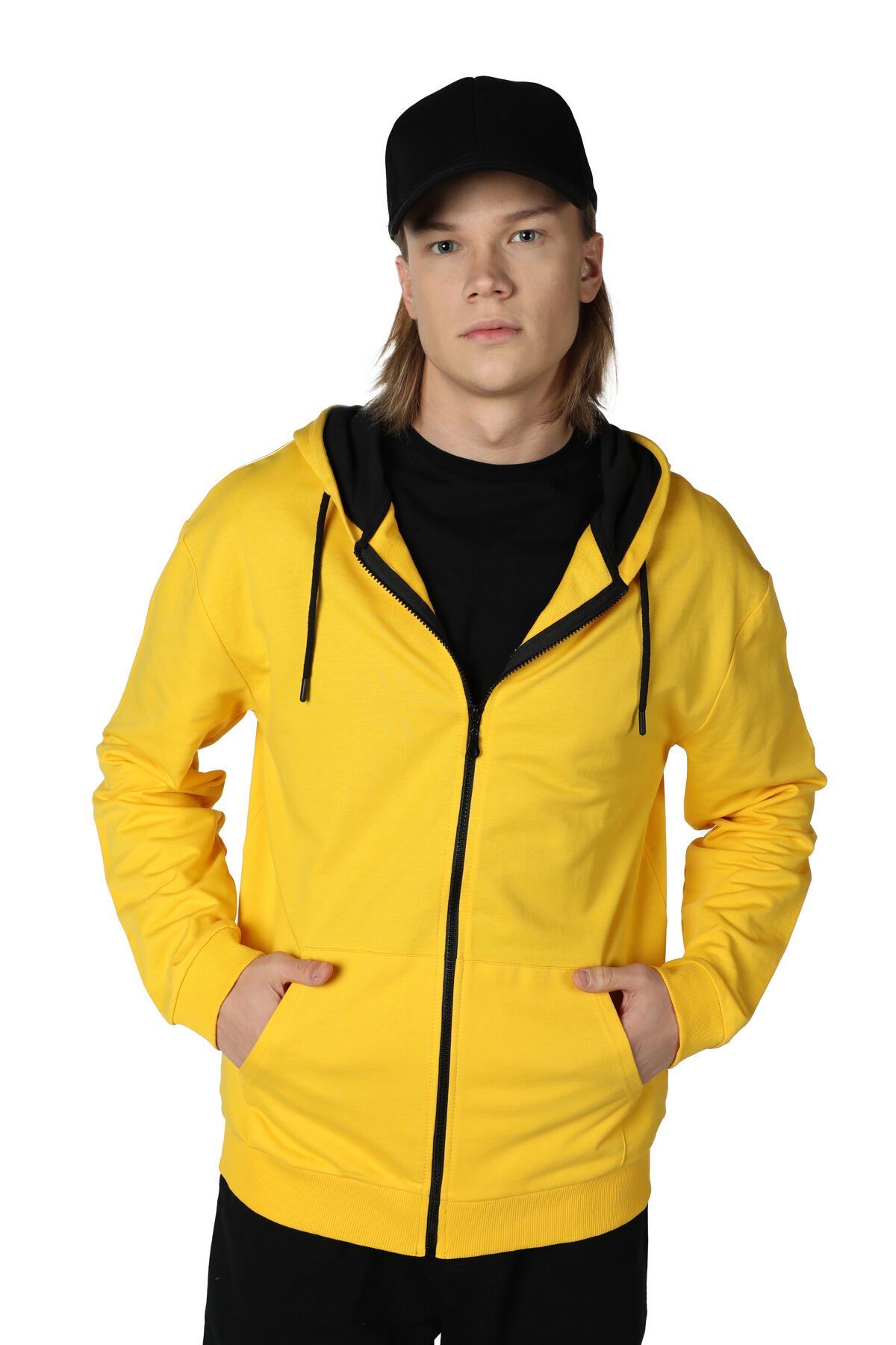 Erkek Kapüşonlu Fermuarlı Oversıze Sweatshırt - Sarı