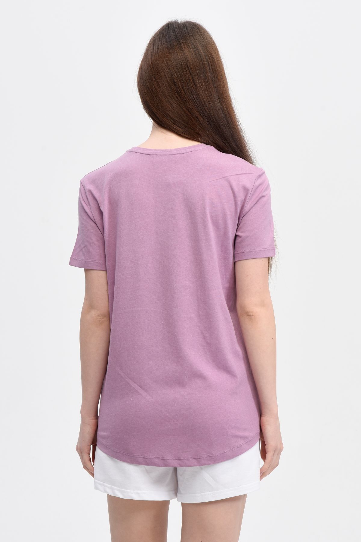 Kadın Bisiklet Yaka Kısa Kollu Regular Fit Baskılı Tişört - MOR
