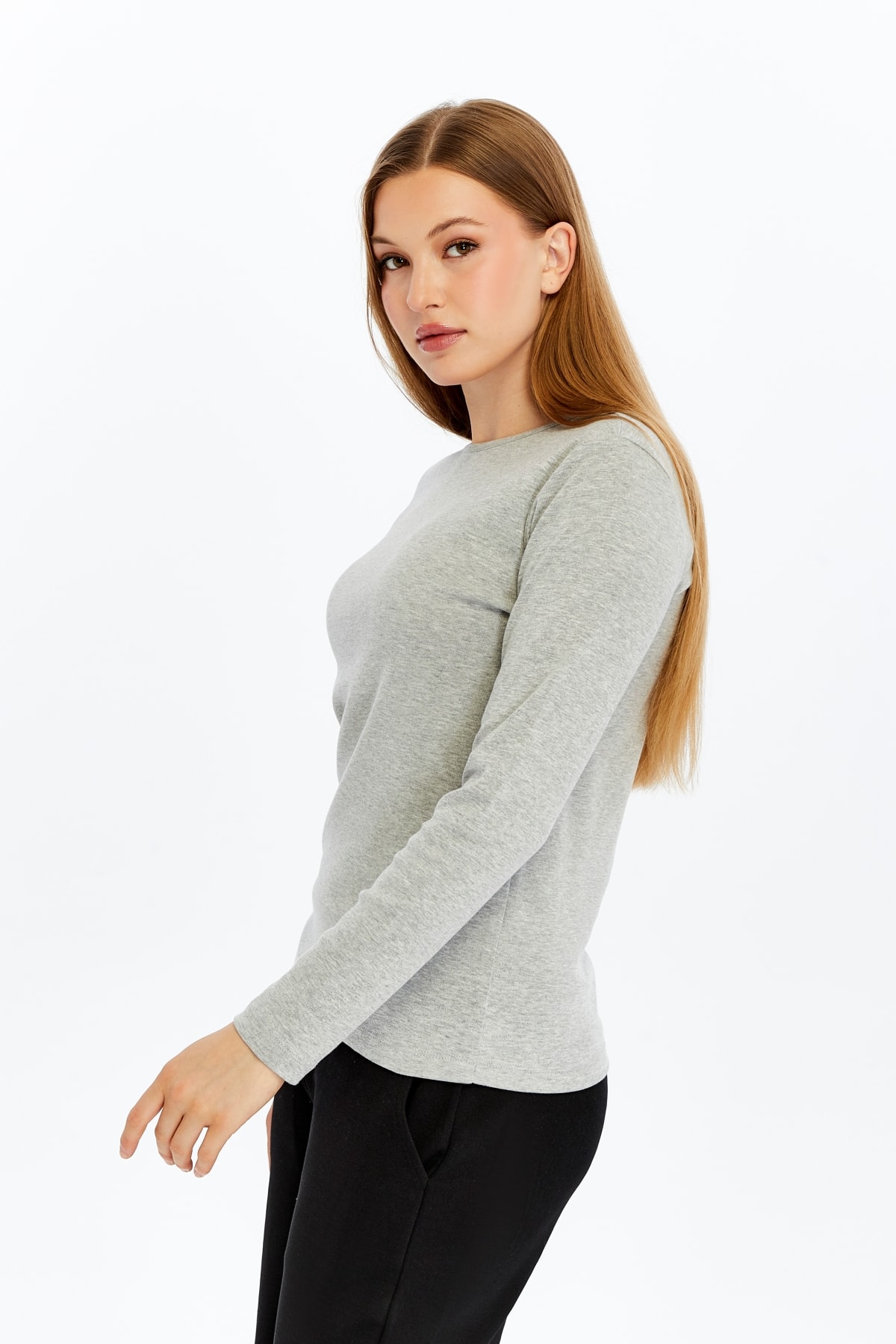 Kadın Bisiklet Yaka Uzun Kollu Regular Fit Basic Tişört - GRİ MELANJ