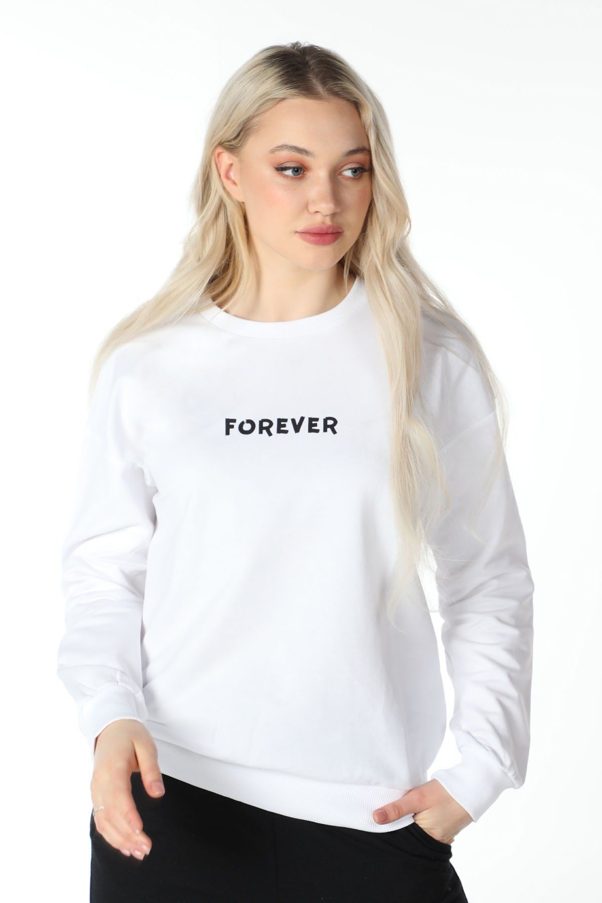 Kadın Bisiklet Yaka Regular Fit Baskılı Sweatshirt - Beyaz