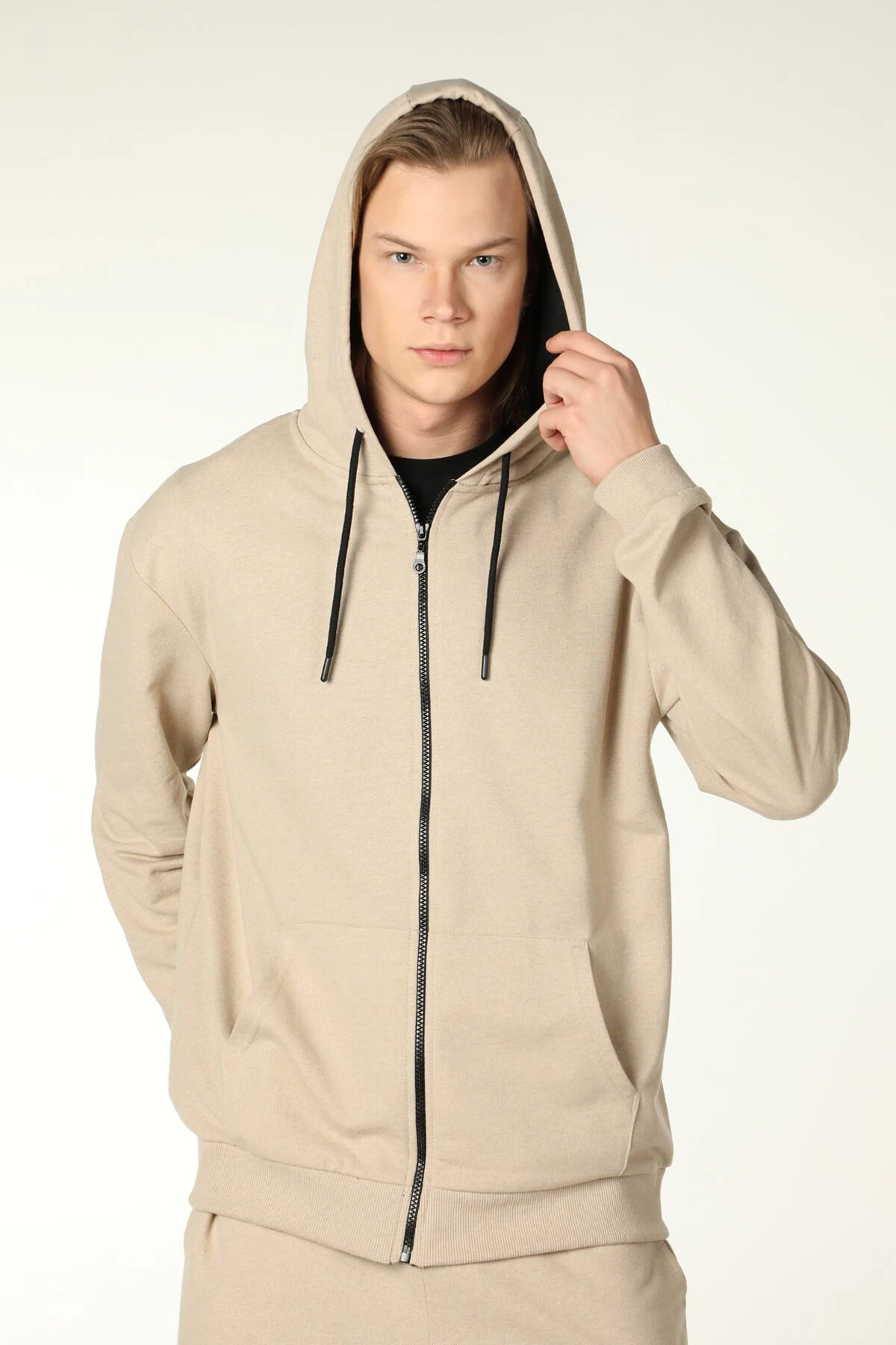 Erkek Kapüşonlu Fermuarlı Oversize Sweatshirt - Bej Melanj
