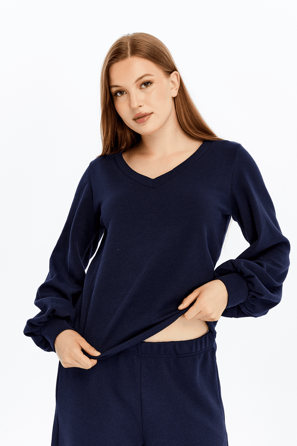 Kadın V Yaka Balon Kol Regular Fit Basic Bluz - LACİVERT