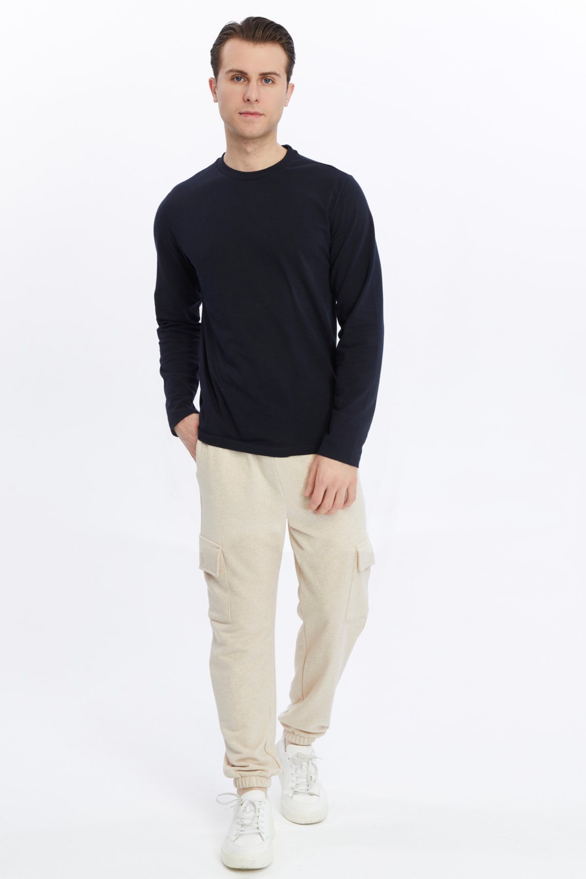 Erkek Bisiklet Yaka Uzun Kollu Regular Fit Basic Tişört - Lacivert