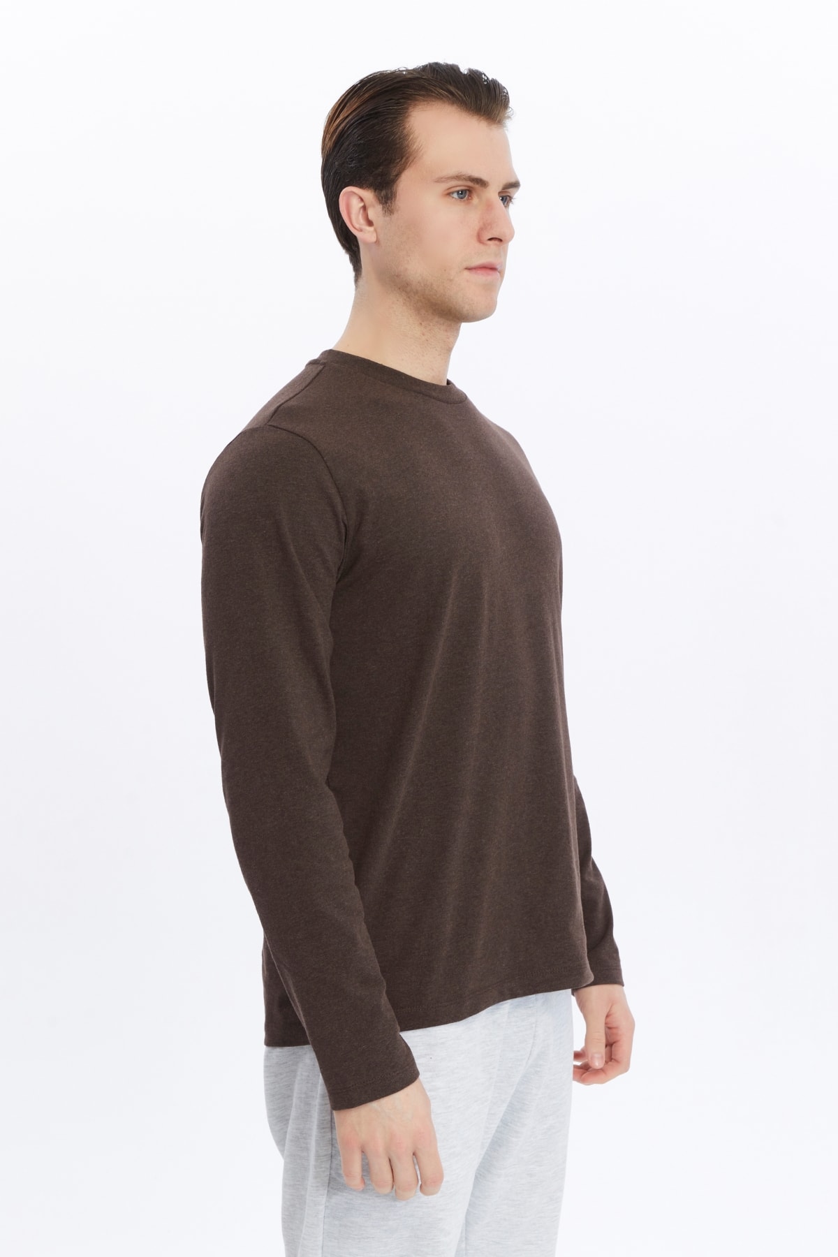 Erkek Bisiklet Yaka Uzun Kollu Regular Fit Basic Tişört - Kahve