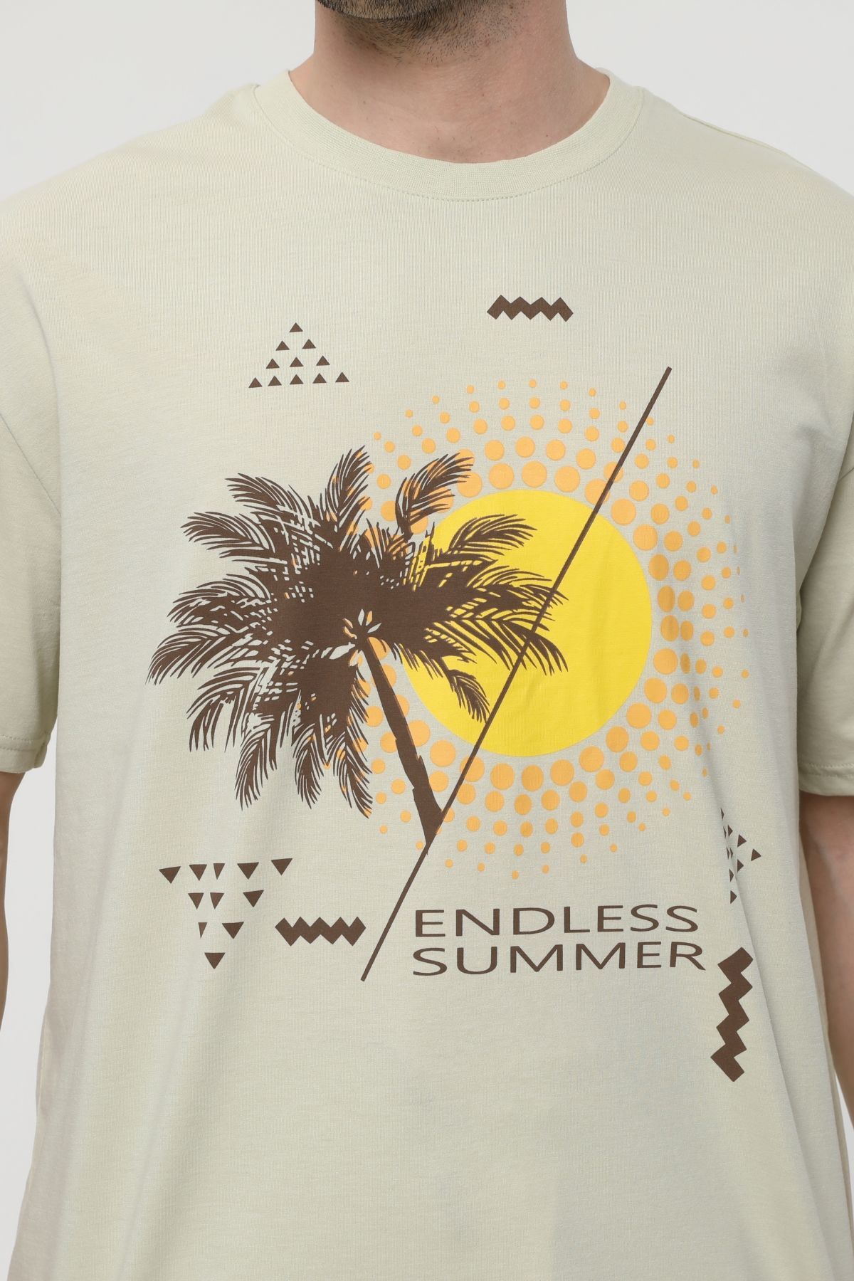 Erkek Bisiklet Yaka Kısa Kollu Oversize Fit Baskılı Tişört - Rio - Açık Yeşil