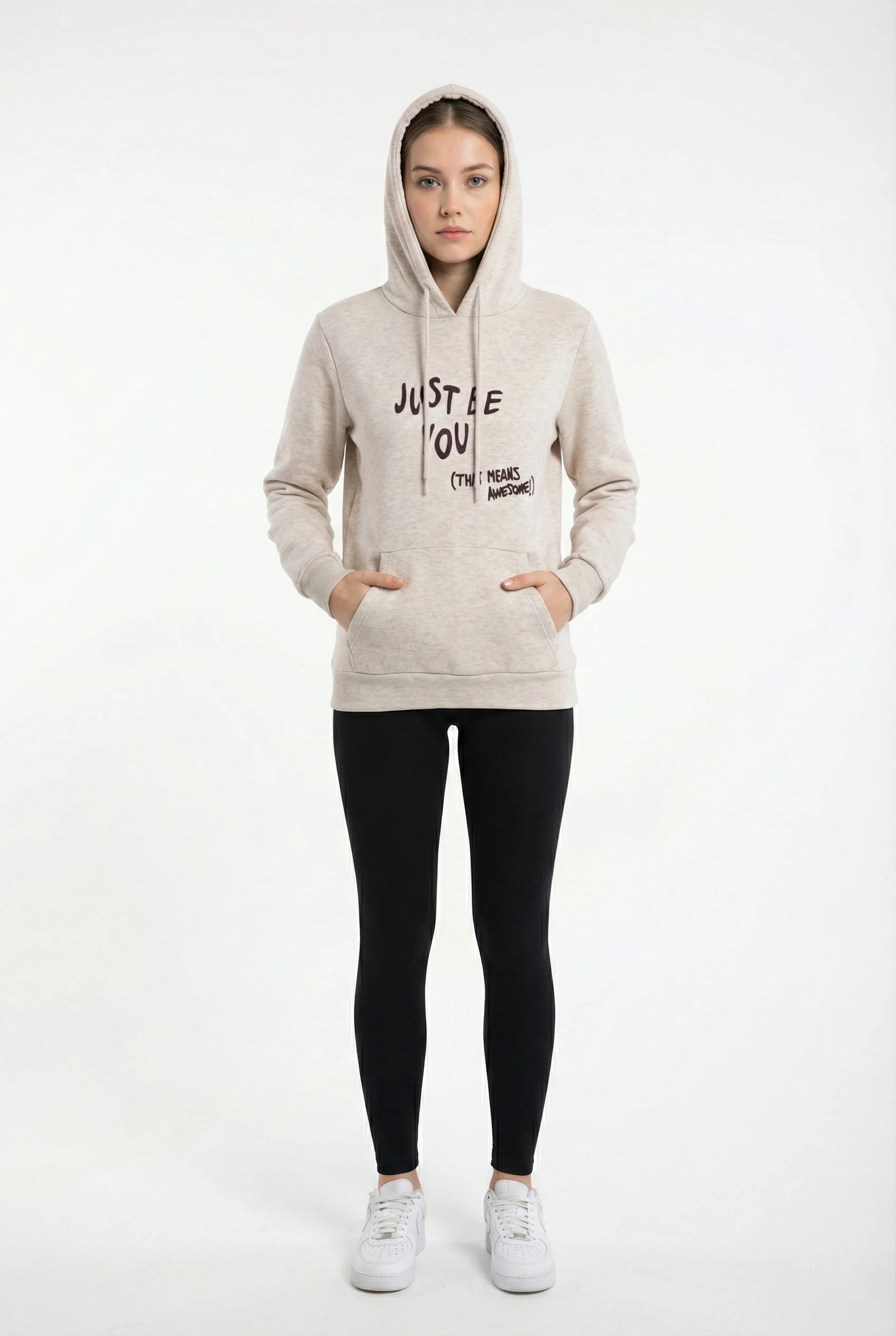 Kadın Kapüşonlu Regular Fit Şardonlu Baskılı Sweatshirt - Ekru