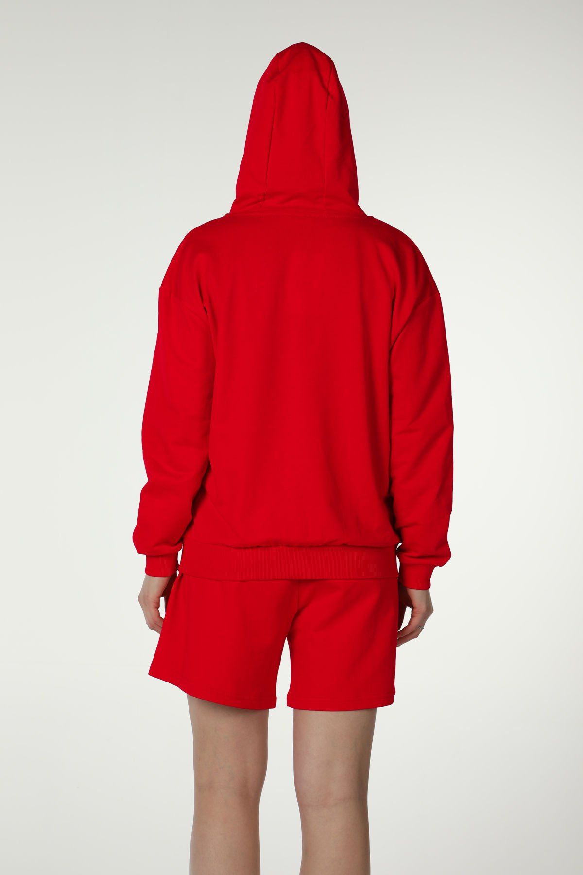 Kadın Kapüşonlu Fermuarlı Oversıze Sweatshırt - Kırmızı