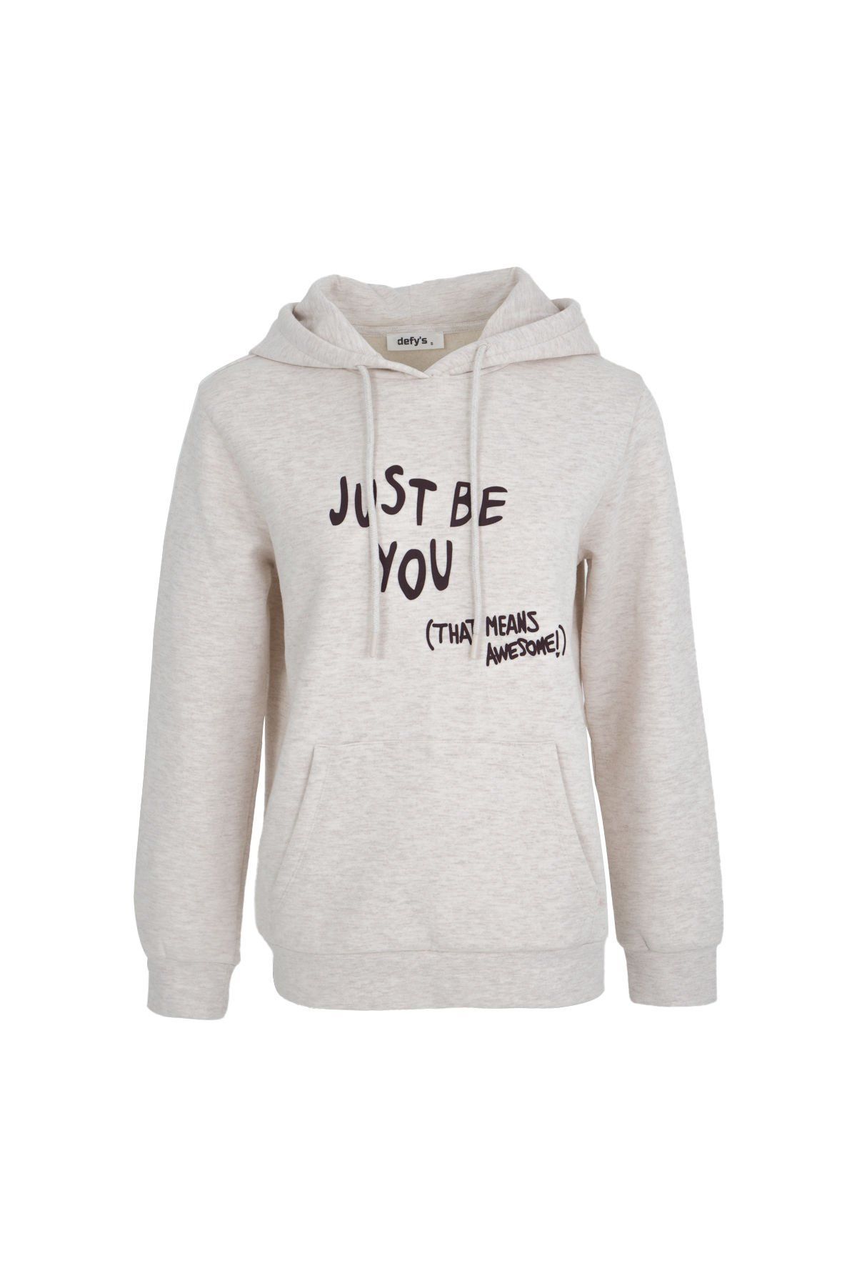 Kadın Kapüşonlu Regular Fit Şardonlu Baskılı Sweatshirt - Ekru