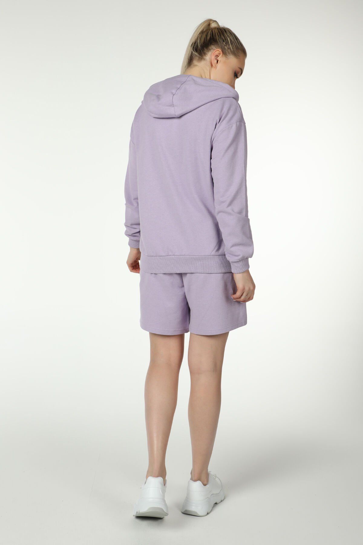 Kadın Kapüşonlu Fermuarlı Oversıze Sweatshırt - Lila
