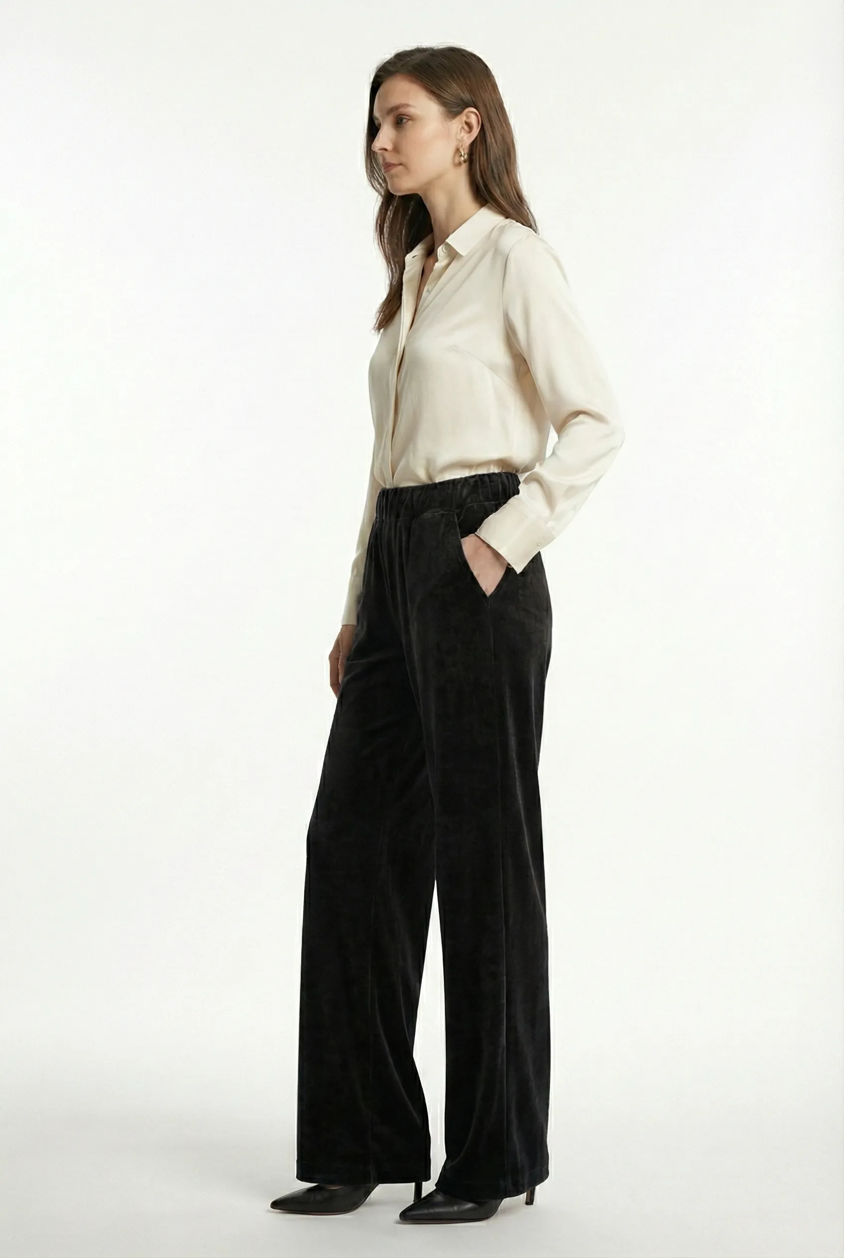 Kadın Bol Paça Cepli Kadife Oversize Fit Pantolon - Siyah