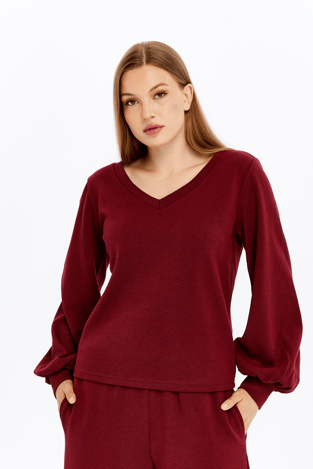 Kadın V Yaka Balon Kol Regular Fit Basic Bluz - BORDO