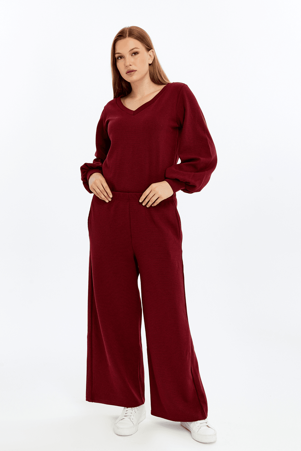 Kadın Bol Paça Cepli Dokulu Regular Fit Pantolon - BORDO