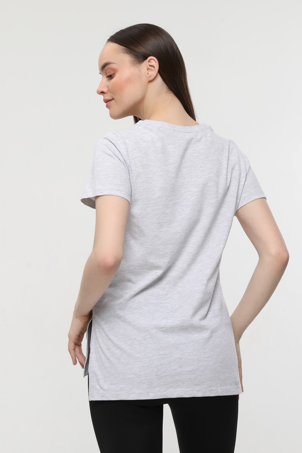 Kadın 3'lü Basic Regular Fit V Yaka Arkası Uzun Tişört Seti - Gri