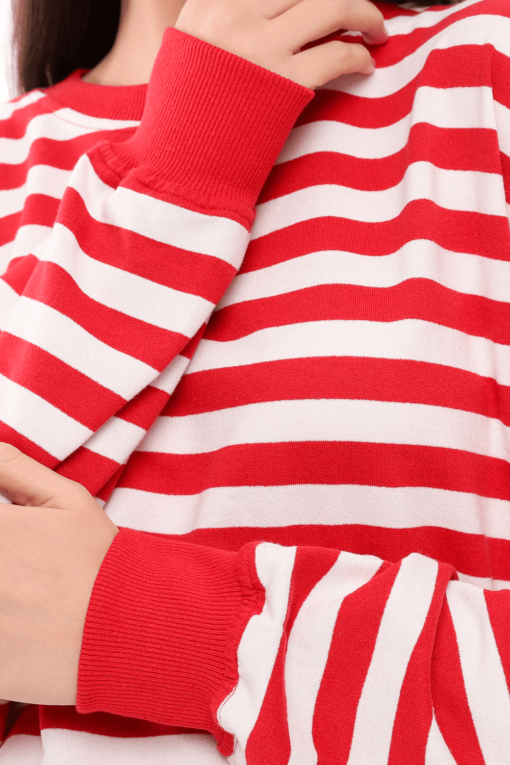 Kadın Bisiklet Yaka Oversize Fit Çizgili Sweatshirt - KIRMIZI-BEYAZ