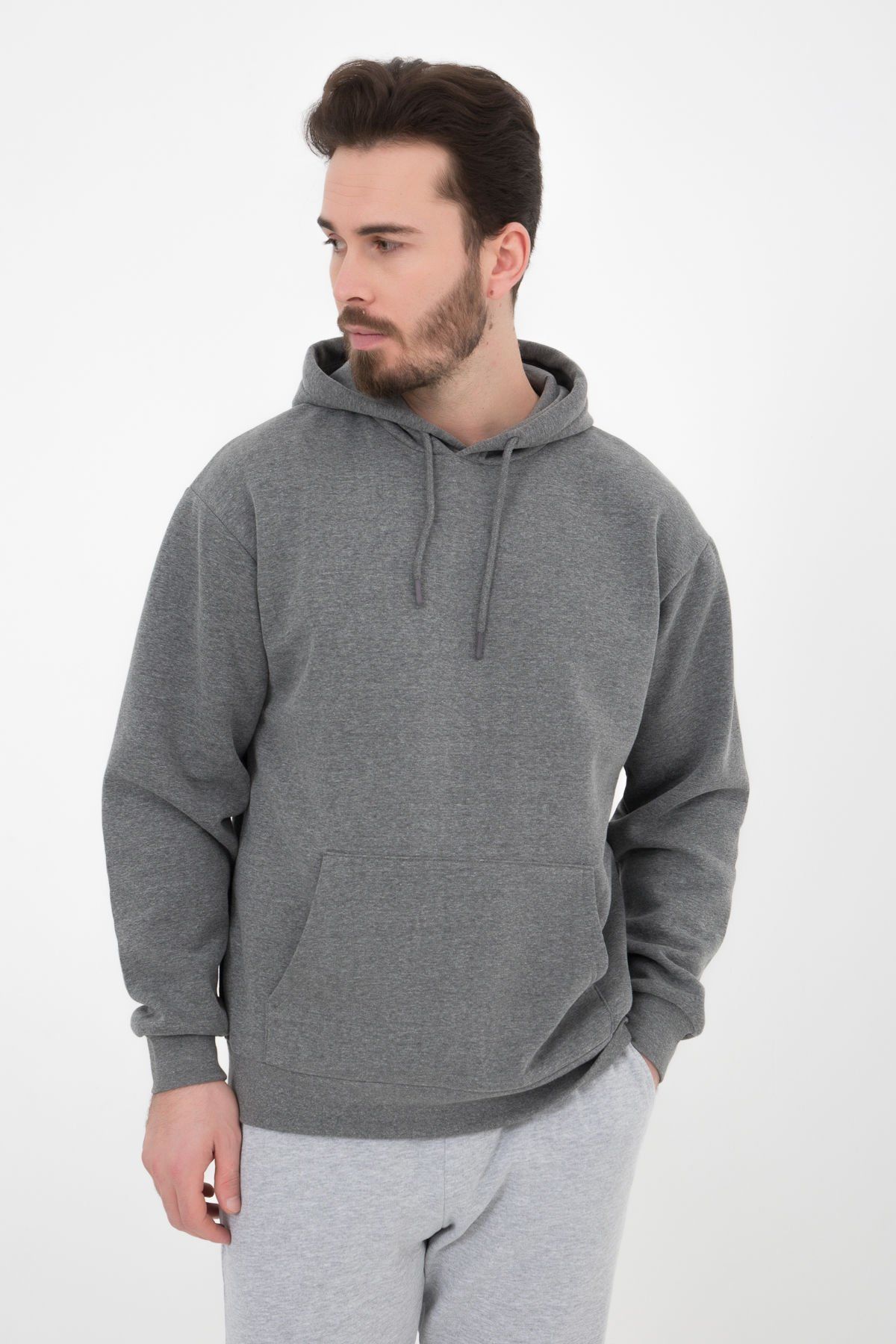 Erkek Kapüşonlu Şardonlu Regular fit Basic Sweatshirt - ANTRASİT