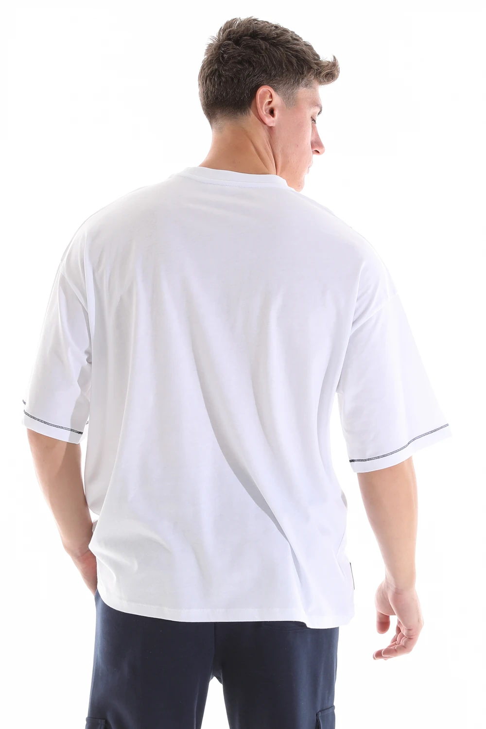 Erkek Bisiklet Yaka Kısa Kollu Oversize Fit Cep Detaylı Tişört