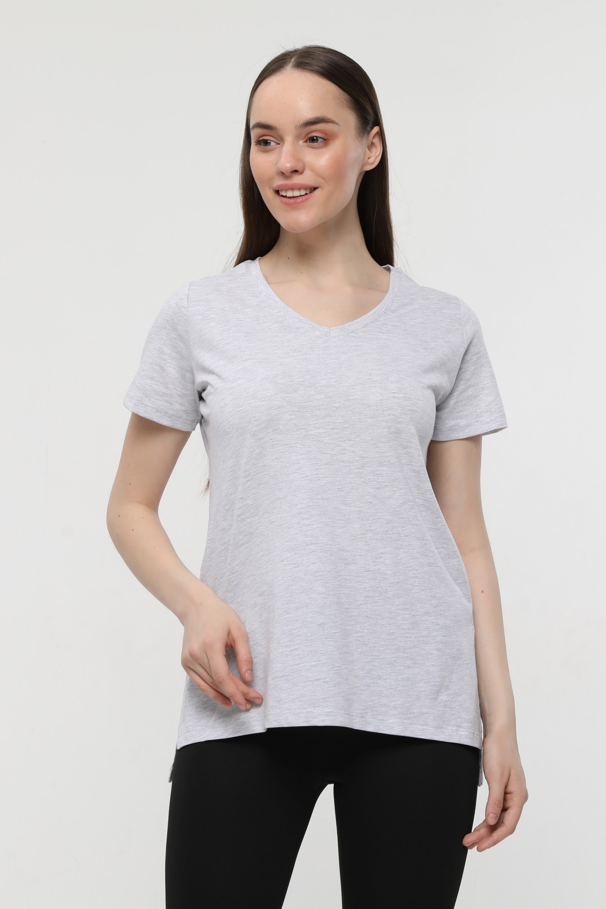 Kadın 3'lü Basic Regular Fit V Yaka Arkası Uzun Tişört Seti - Gri