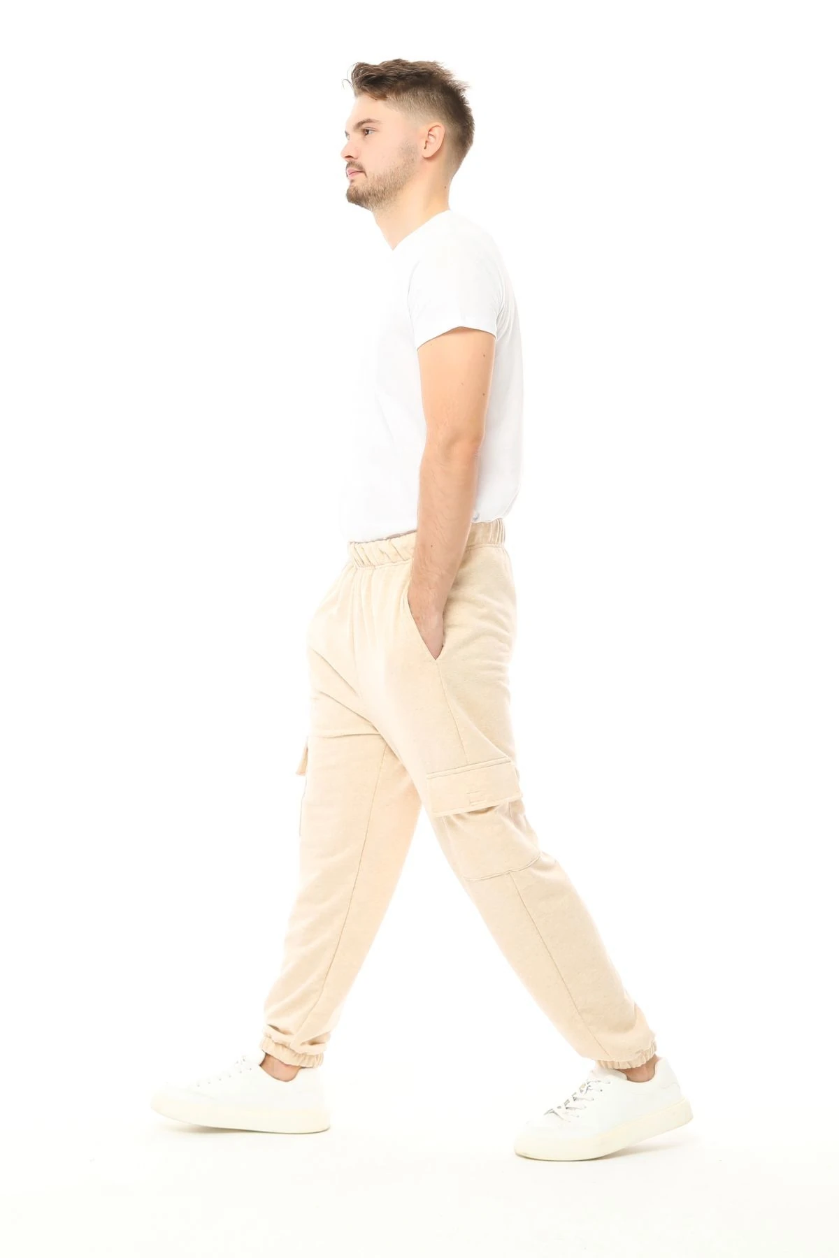 Erkek Kargo Cepli Oversize Jogger Pantolon - Bej Melanj