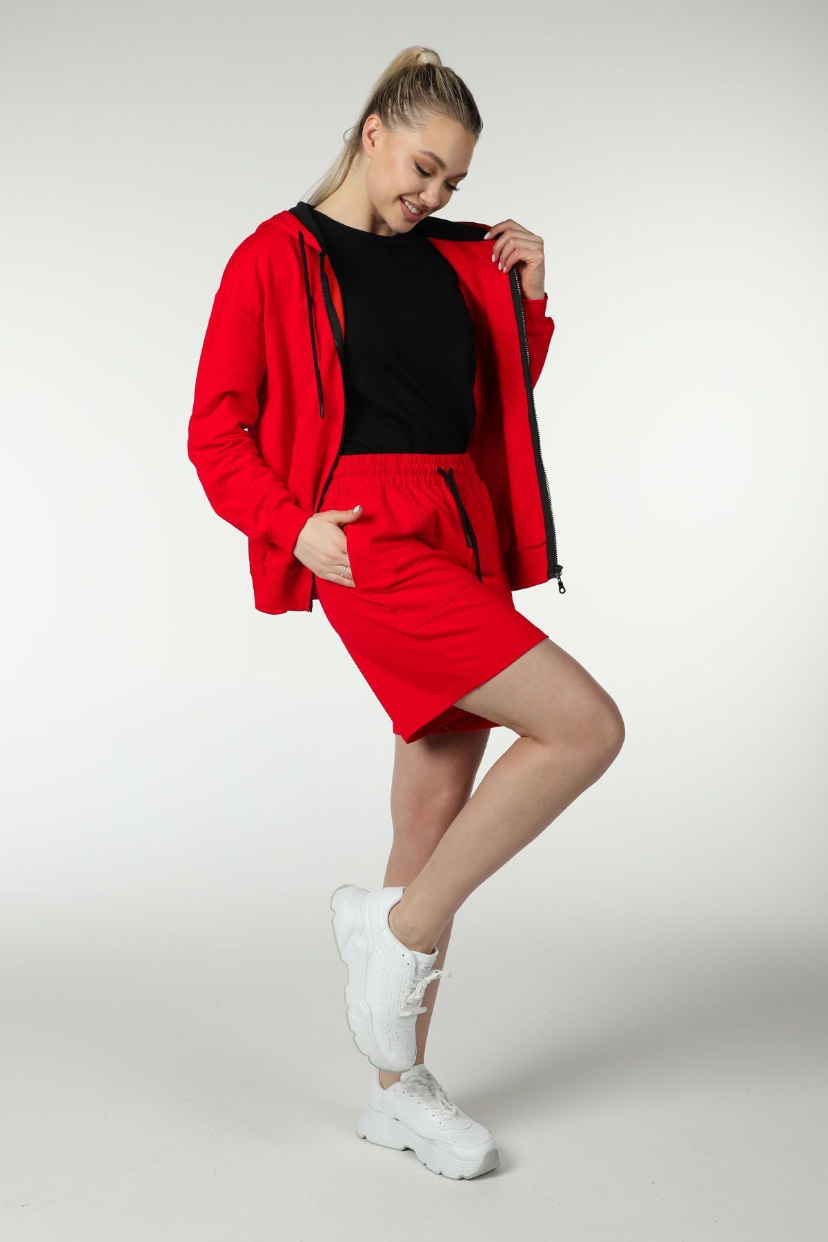 Kadın Kapüşonlu Fermuarlı Oversıze Sweatshırt - Kırmızı