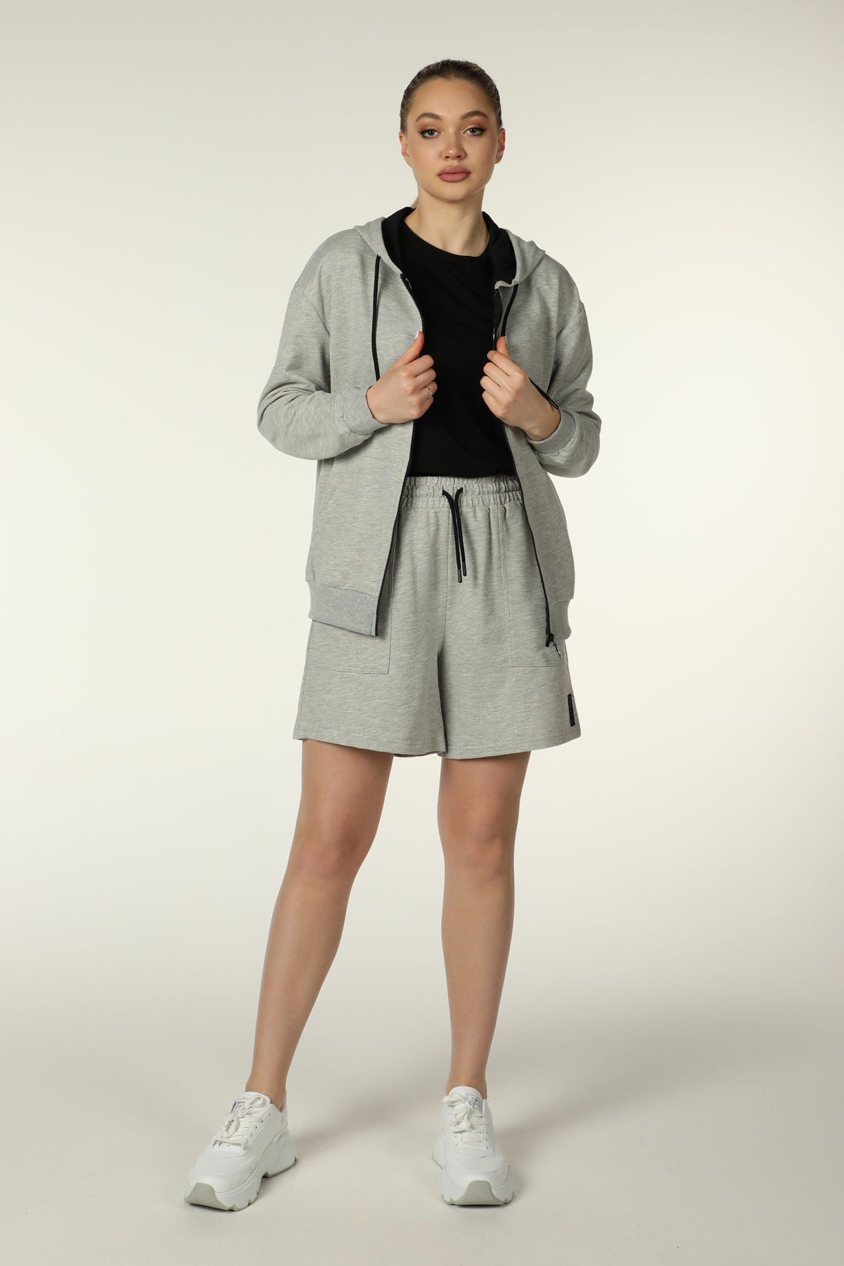 Kadın Kapüşonlu Fermuarlı Oversıze Sweatshırt - Gri Melanj