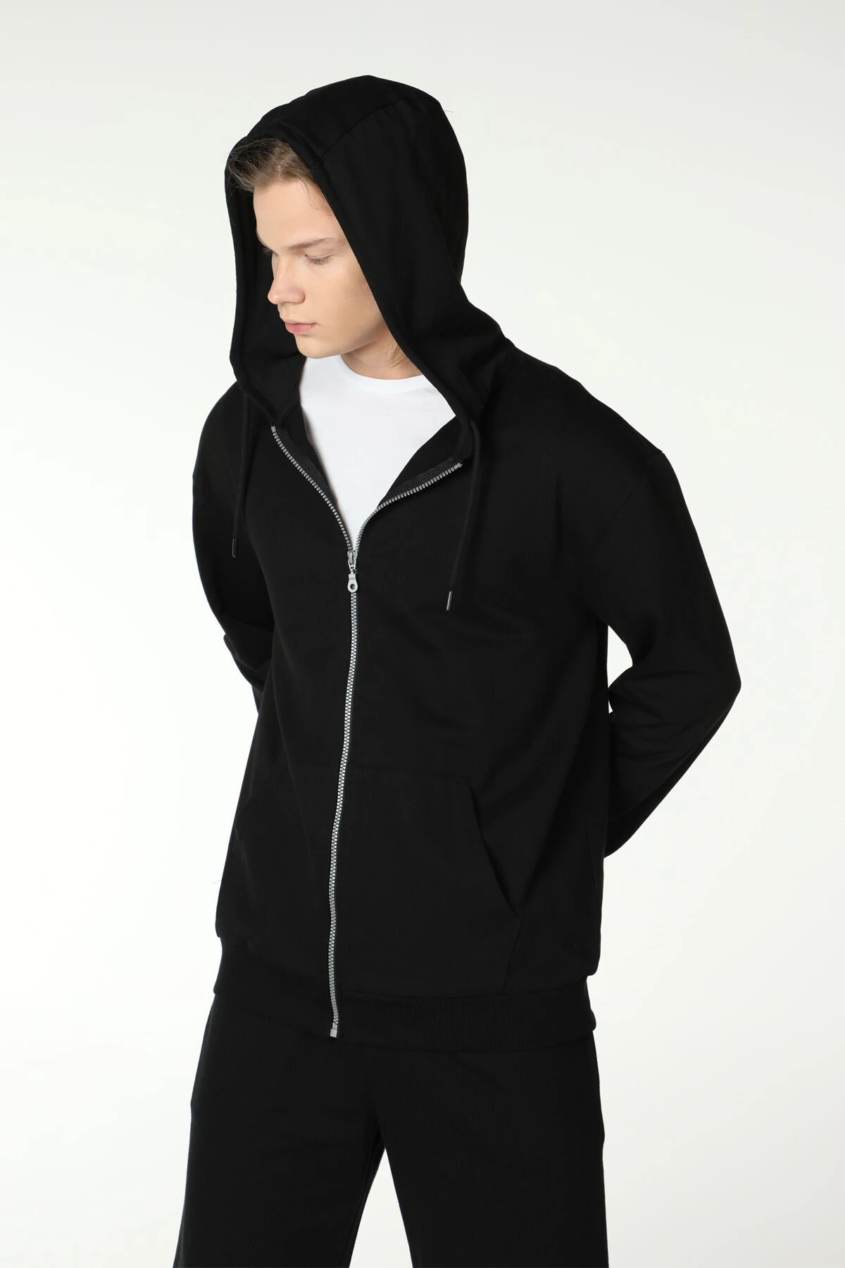 Erkek Kapüşonlu Fermuarlı Oversize Sweatshirt - Siyah