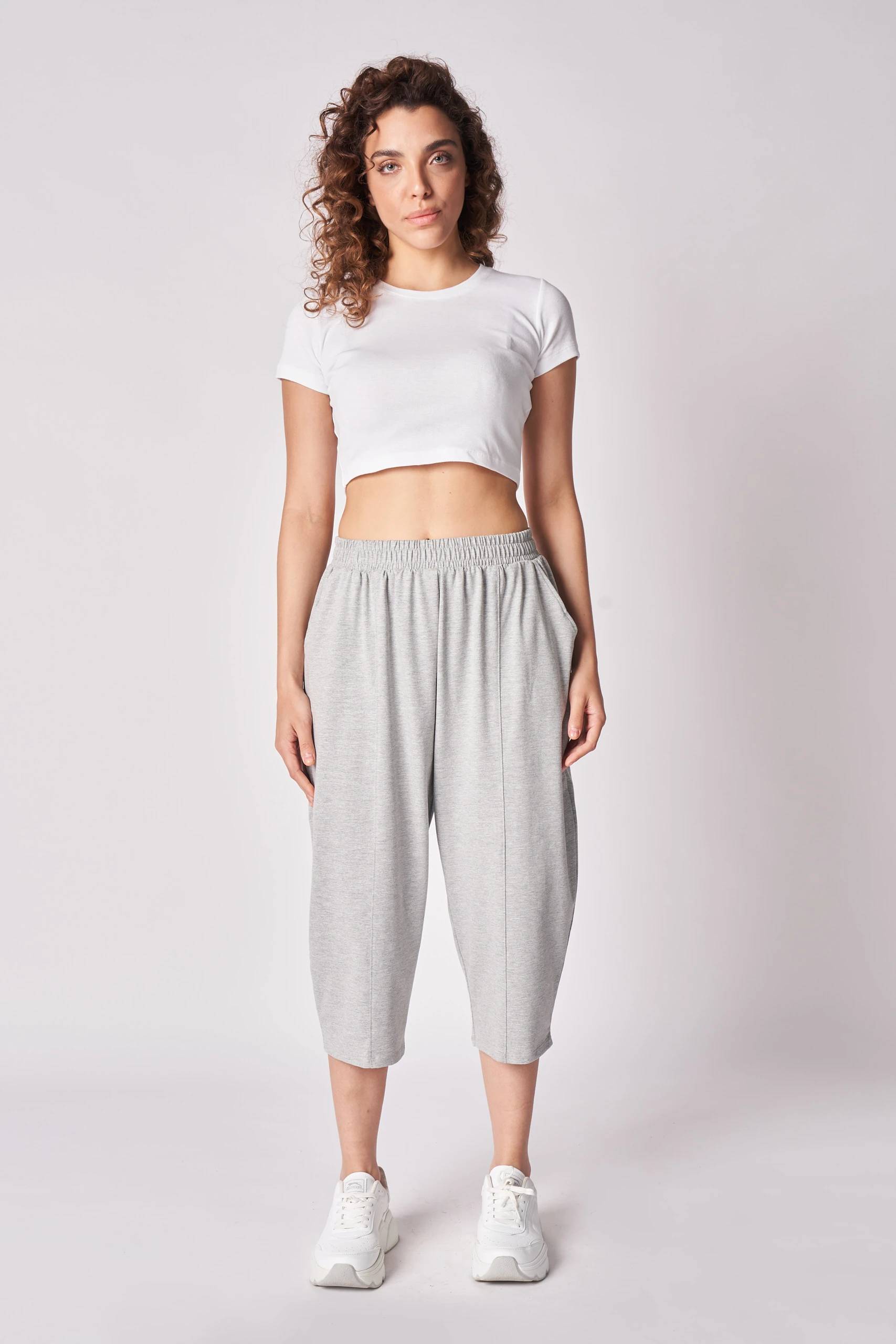 Kadın Beli Lastikli Regular Fit Dikiş Detaylı Şalvar Pantolon - Gri Melanj