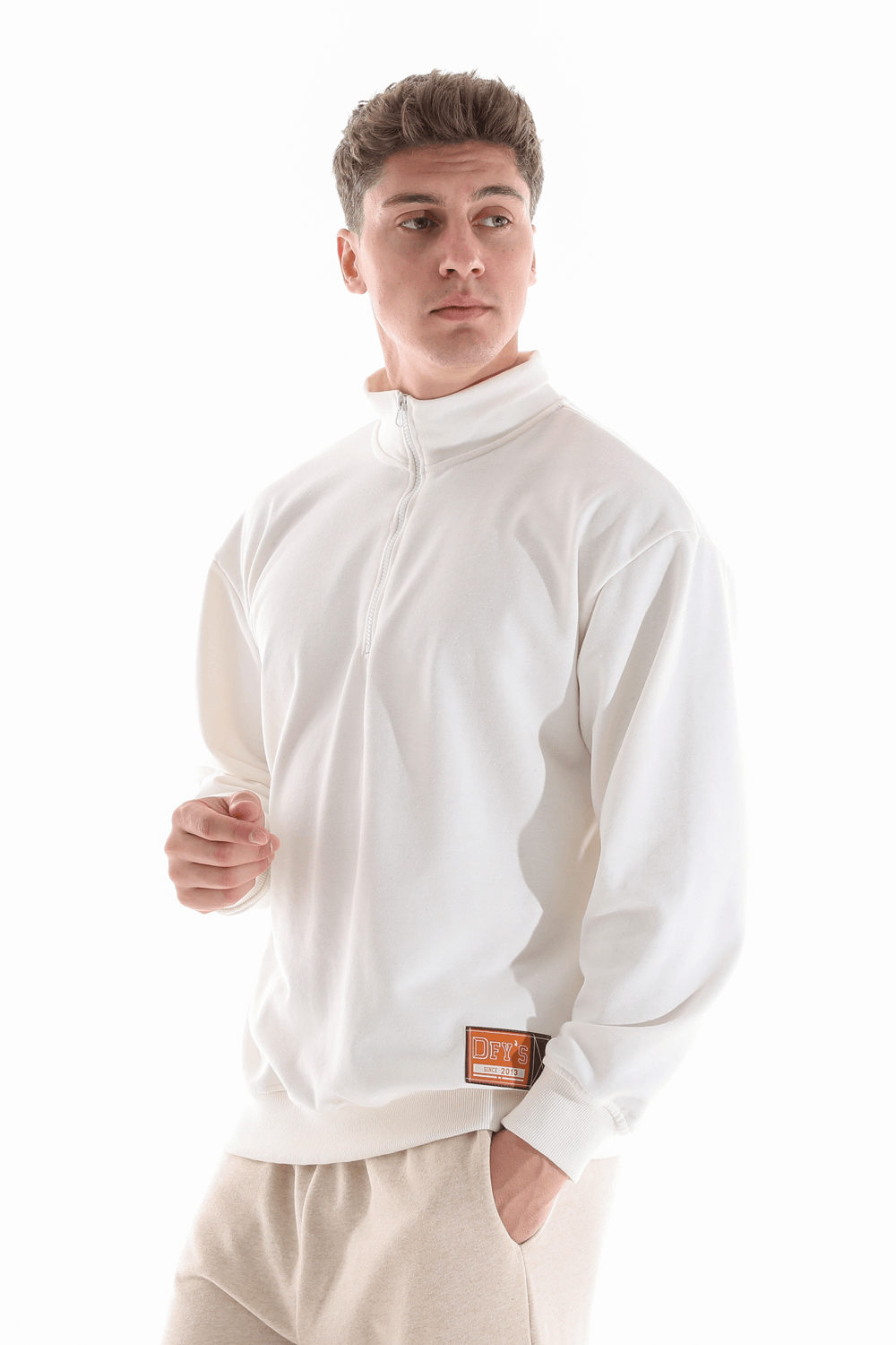 Erkek Dik Yaka Etiket Detaylı Regular Fit Sweatshirt - EKRU