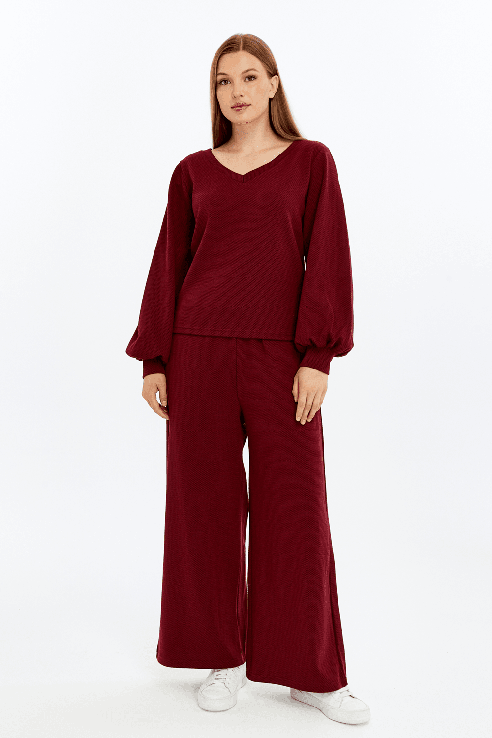 Kadın V Yaka Balon Kol Regular Fit Basic Bluz - BORDO