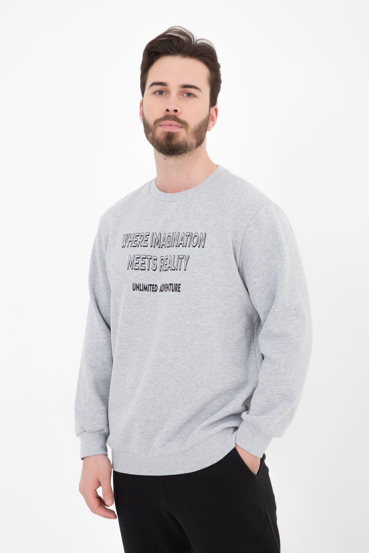 Erkek Bisiklet Yaka Regular Fit Baskılı Sweatshirt - Gri