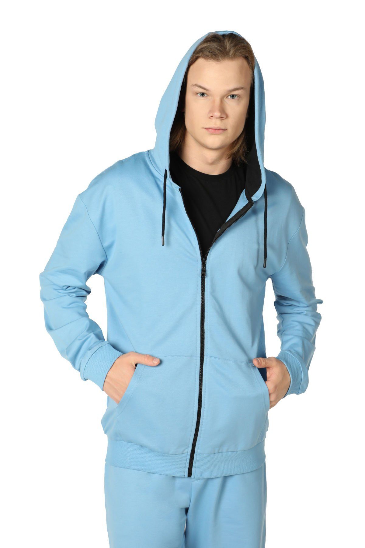 Erkek Kapüşonlu Fermuarlı Oversıze Sweatshırt - Mavi