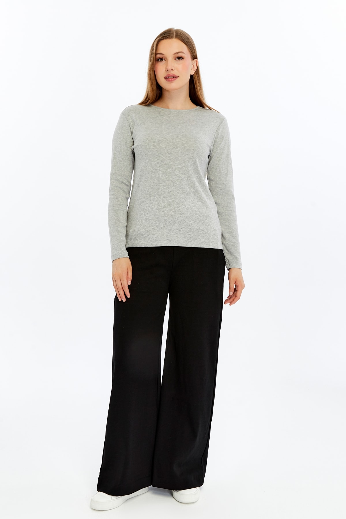 Kadın Bisiklet Yaka Uzun Kollu Regular Fit Basic Tişört - GRİ MELANJ