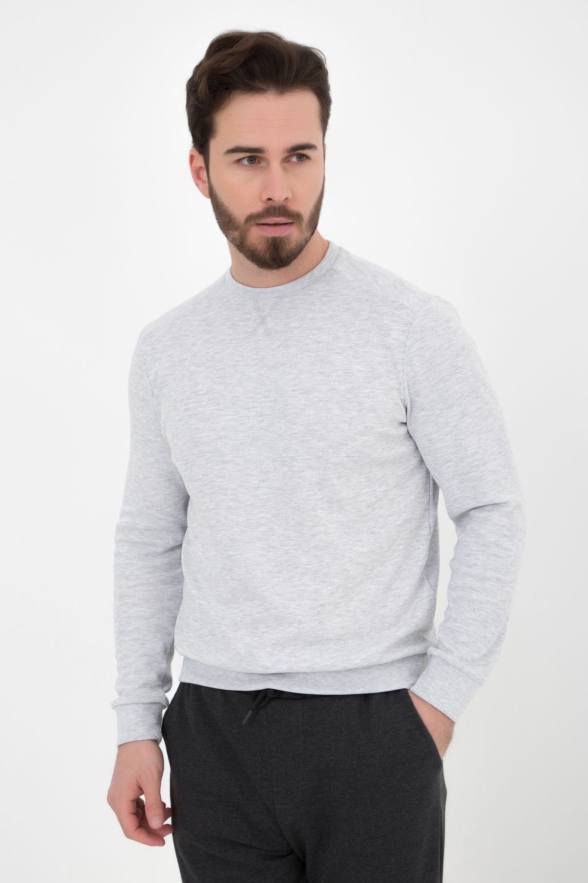 Erkek Bisiklet Yaka Dokulu Regular Fit Basic Sweatshirt - Kar Melanj