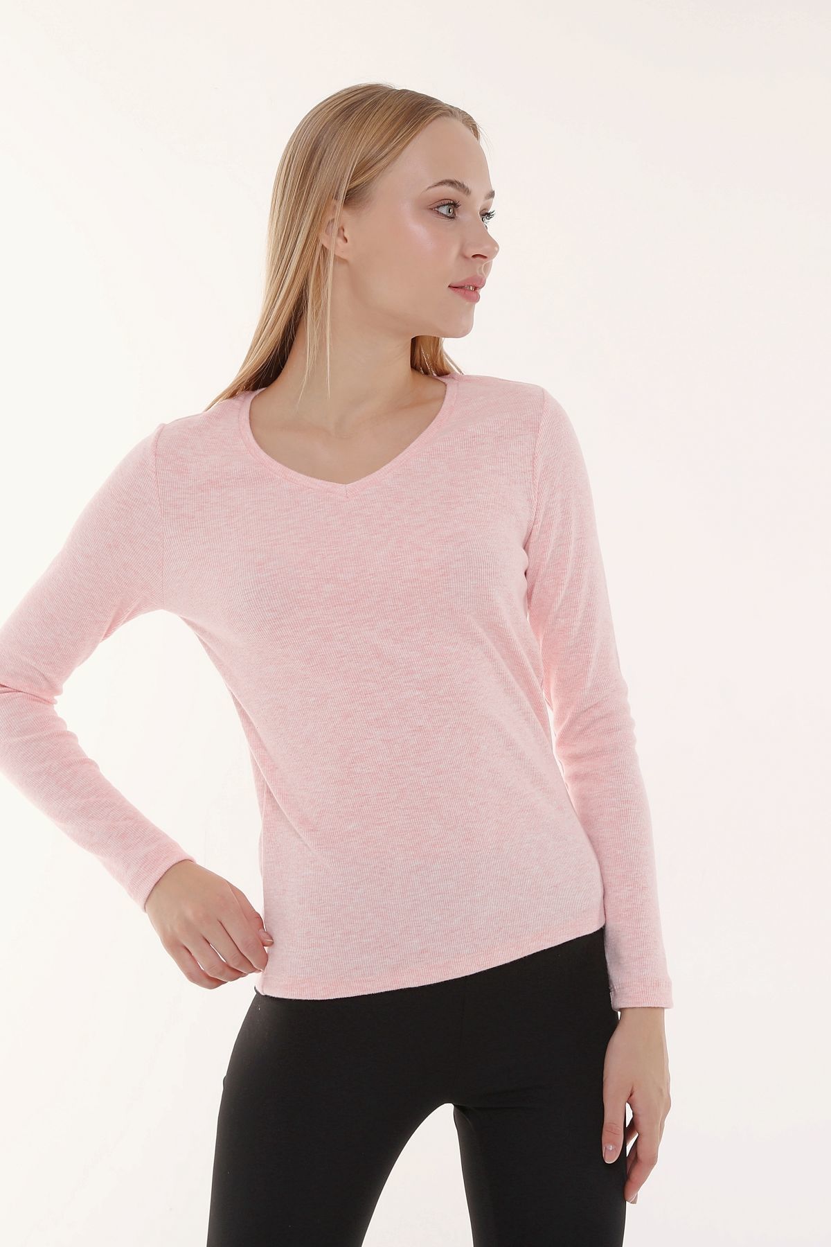 Kadın V Yaka Uzun Kollu Regular Fit Basic Tişört - PEMBE