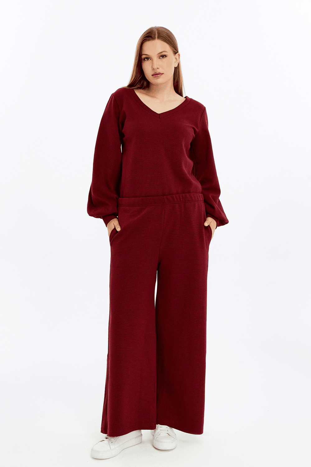 Kadın Bol Paça Cepli Dokulu Regular Fit Pantolon