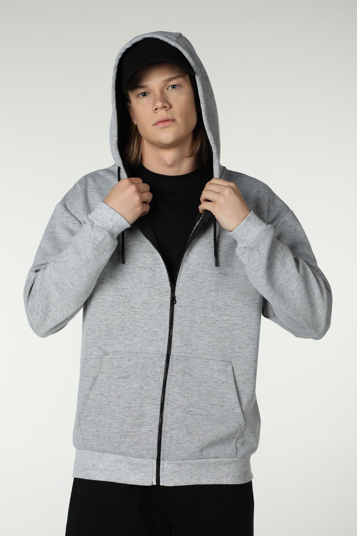 Erkek Kapüşonlu Fermuarlı Oversize Sweatshirt - Kırçıllı Gri