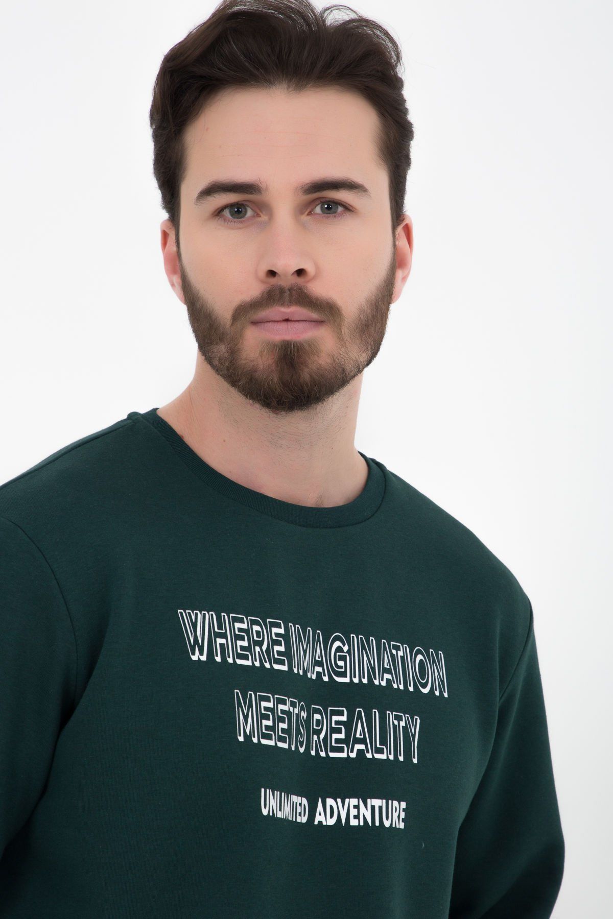 Erkek Bisiklet Yaka Regular Fit Baskılı Sweatshirt - Yeşil