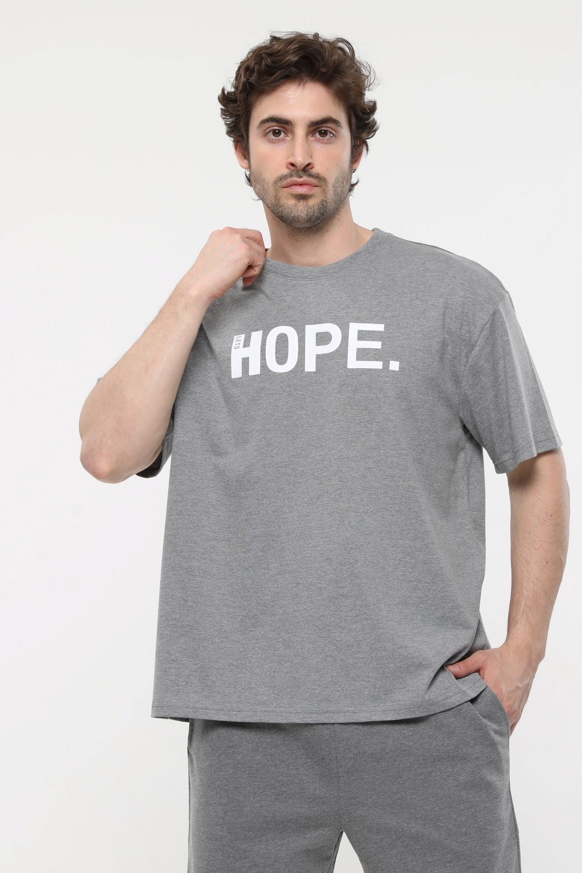 Erkek Bisiklet Yaka Kısa Kollu Oversize Fit Baskılı Tişört - Ragen - Antrasit Melanj