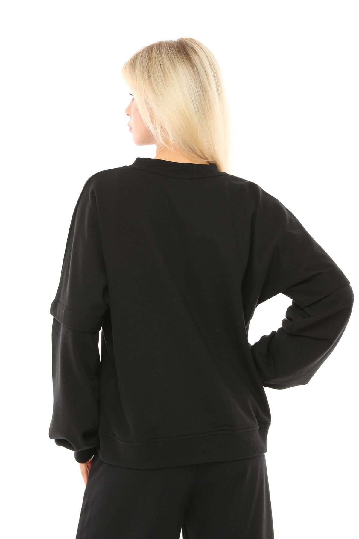 Kadın Bisiklet Yaka Kol Detaylı Oversize Fit Basic Sweatshirt - Siyah